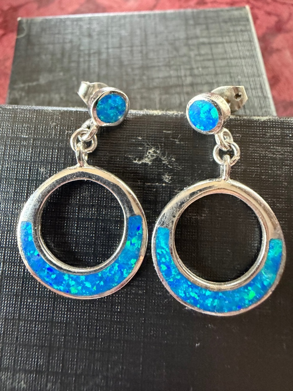 Sterling Silver Circular Drop Earrings With Synthetic Blue Opal Inlay - Stamped